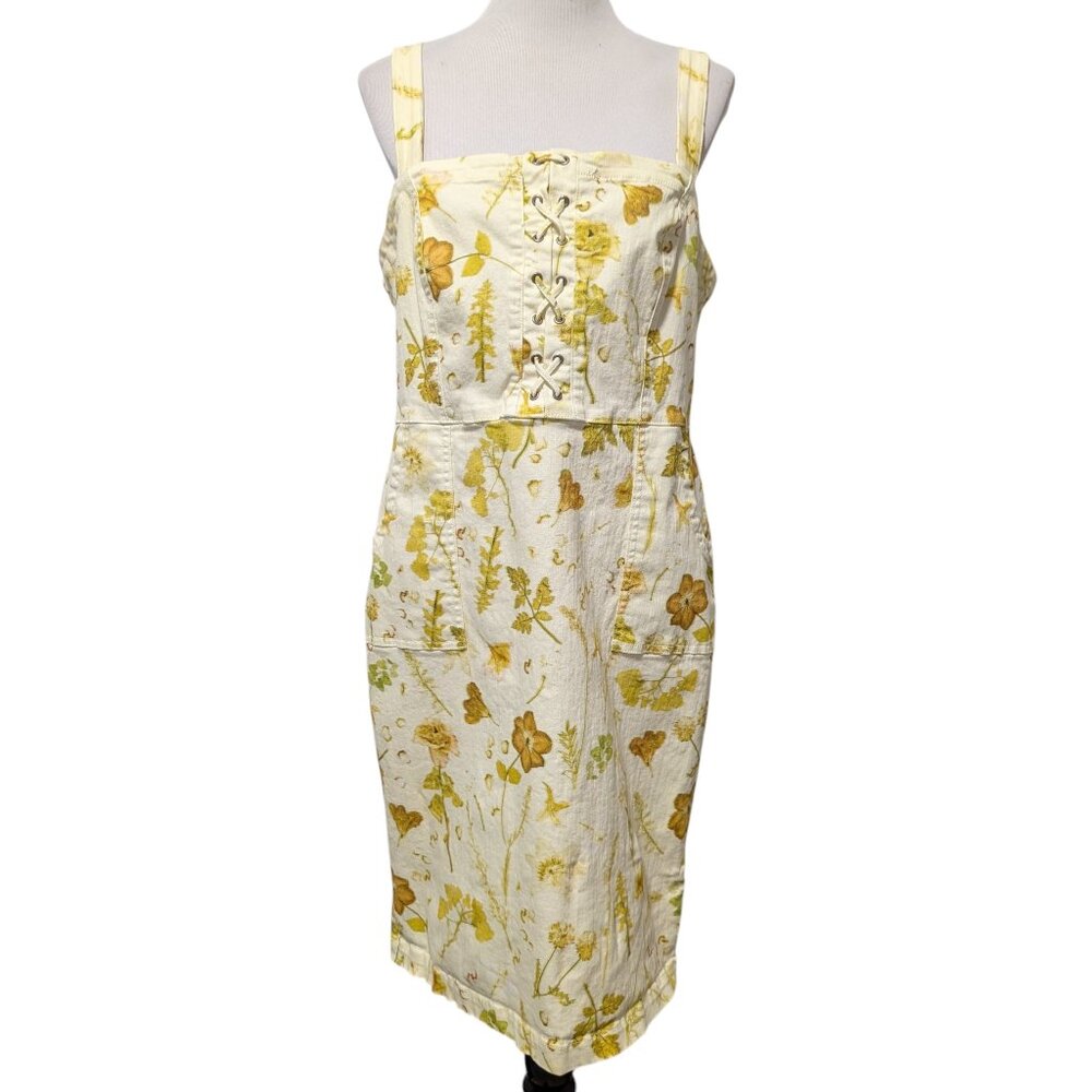 INC International Concept Womens Plus Size 16 Yellow Floral Lace Up Denim Dress
